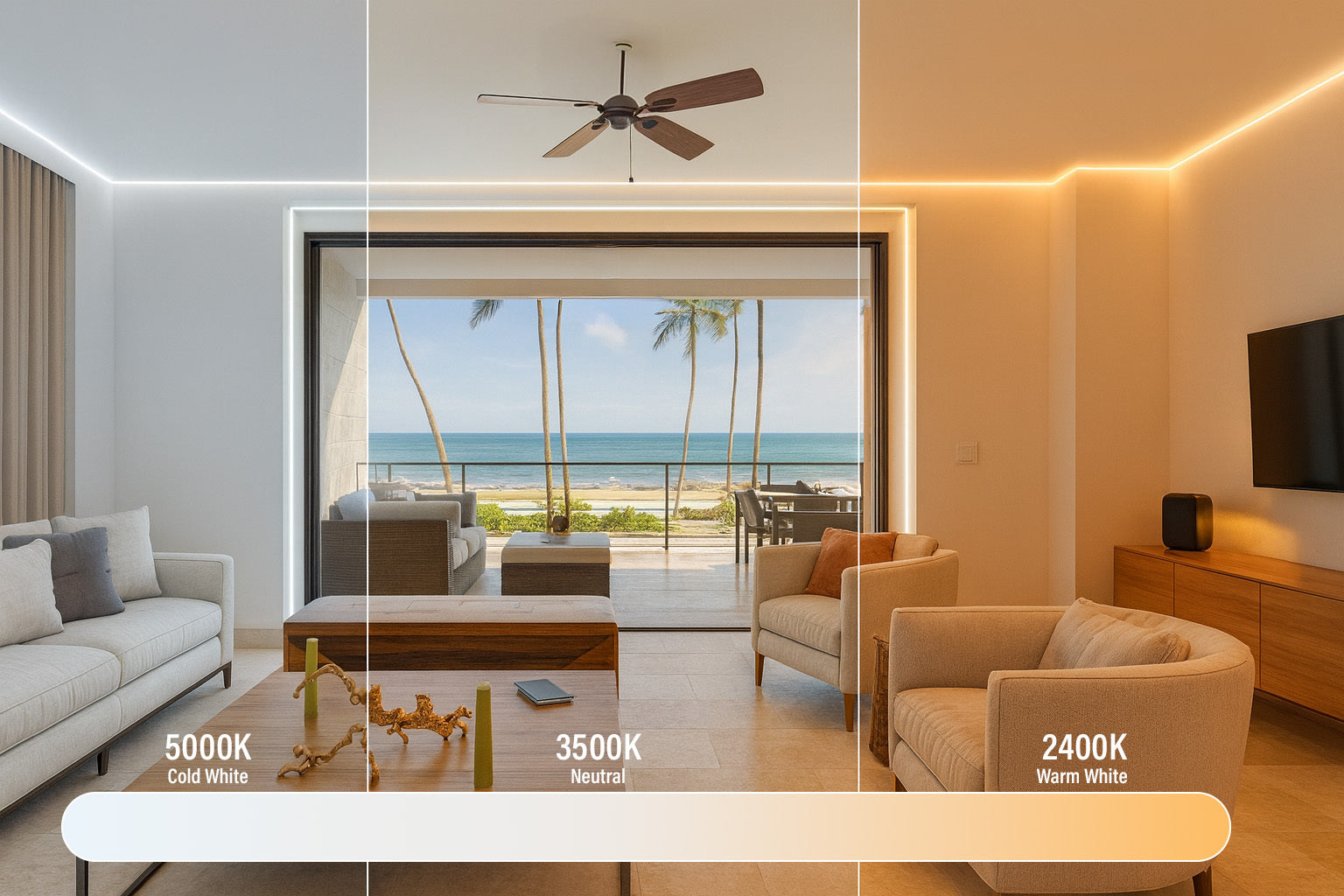 title: 🌡️ 5000K → 2400K Warm Range///desc:Our CCT-tunable strip smoothly reaches a true warm white at 2400K for a cozy, amber glow. Supplied in 5-meter rolls and cuttable/extendable (to max run) for seamless installs.
